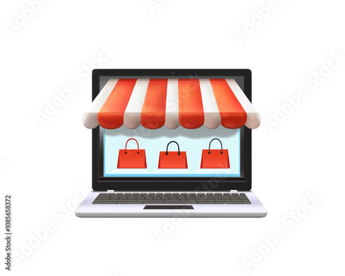 Laptop screen shows a store display with three red bags. Isolated on a transparency background