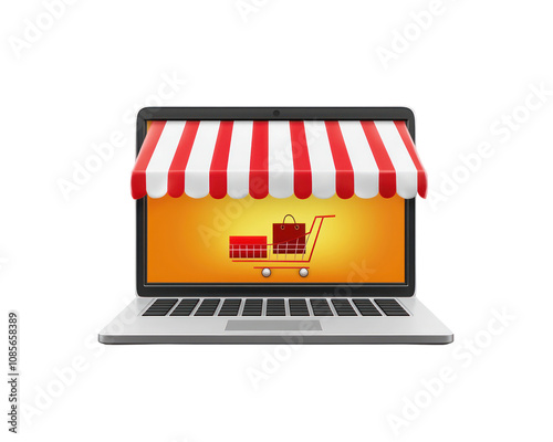 Laptop screen shows a shopping cart with a red and white umbrella above it. Isolated on a transparency background