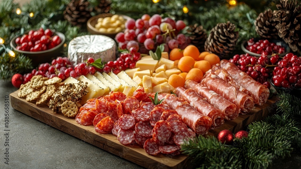 Festive charcuterie board with assorted meats, cheeses, and seasonal fruits Festive charcuterie board with assorted meats, cheeses, and seasonal fruits