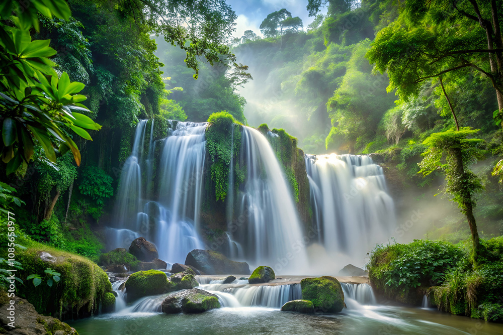 Obraz premium A serene waterfall cascading through lush greenery, surrounded by mist, creating a tranquil and picturesque natural landscape.