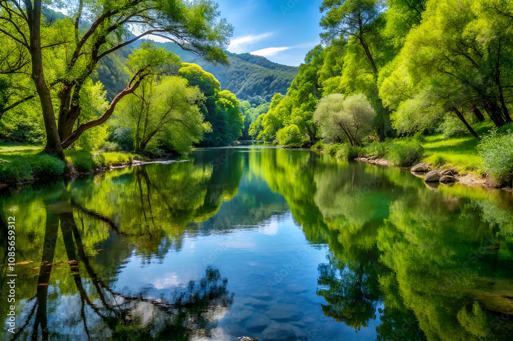 A serene landscape featuring a tranquil river surrounded by lush greenery and reflections of trees on the water's surface under a bright blue sky. A serene landscape featuring a tranquil river surrounded by lush greenery and reflections of trees on the water's surface under a bright blue sky.