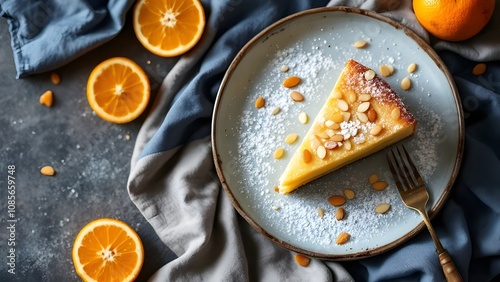 Traditional Greek Almond Cake Amygdalopita with Powdered Sugar (Greek Cuisine) photo