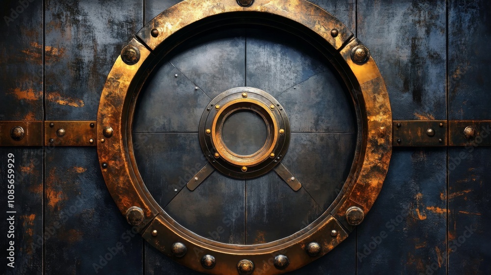 Fototapeta premium Vintage industrial metal door with porthole and peeling paint, rust, and gold lock plate detail in close-up view.