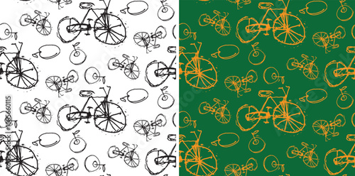 Pattern with bicycle. 100% hand drawn vector image.