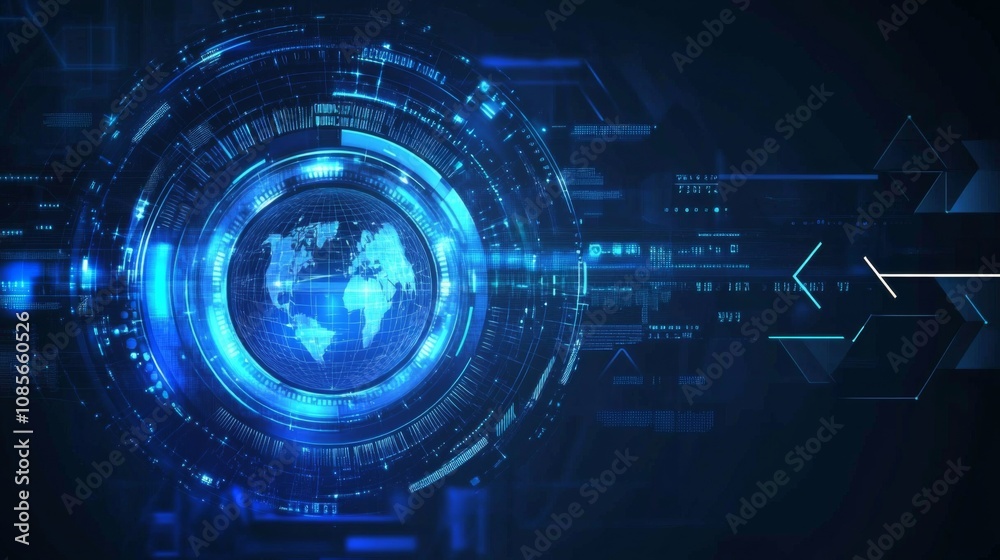 Futuristic Digital Illustration: Globe Design with Data Elements on Dark Blue Background, Technological Theme. Futuristic Digital Illustration: Globe Design with Data Elements on Dark Blue Background, Technological Theme.