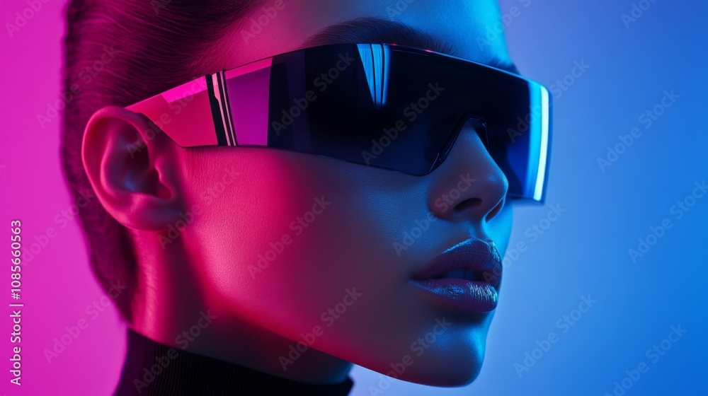 Stylish woman in bold pink glasses with vibrant glow Stylish woman in bold pink glasses with vibrant glow