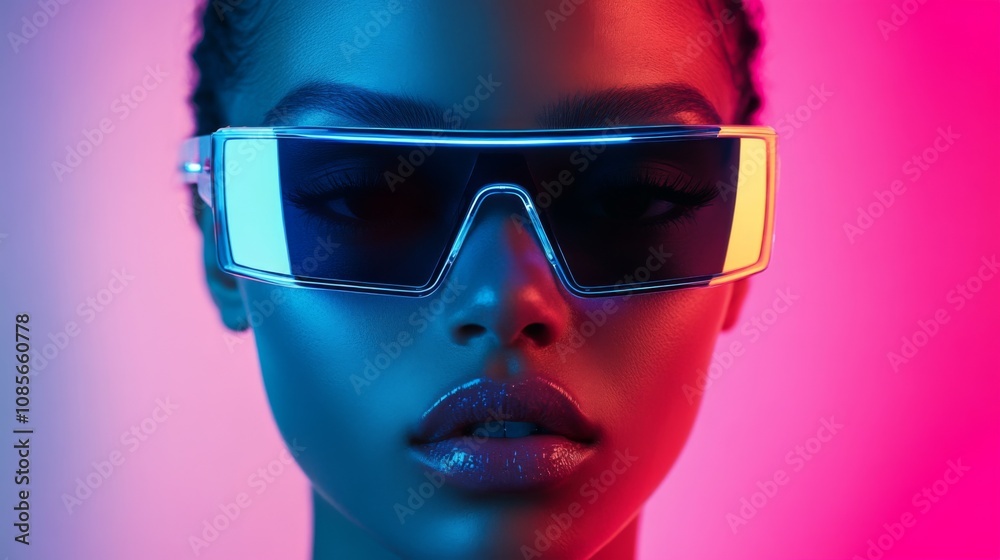 Portrait of woman in neon pink lighting with bold reflective glasses Portrait of woman in neon pink lighting with bold reflective glasses