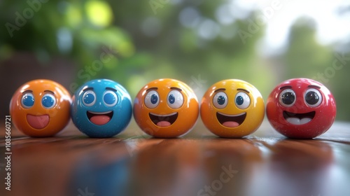 Cheerful cluster of emoji-themed stress balls on a table