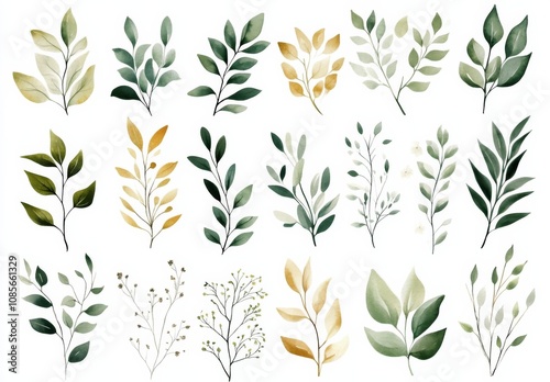 Variety of Leaves and Branches Arranged in Grid Pattern with Minimalistic Natural Style and Delicate Branches with Flowers