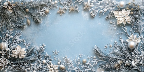 A Winter-Themed Arrangement Featuring Frosted Pine Branches, Delicate Flowers, and Shimmering Ornaments Against a Soft Blue Background During the Holiday Season