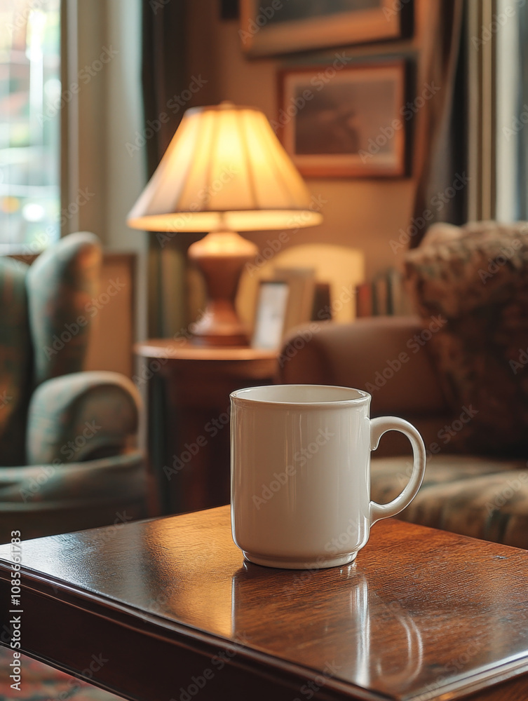 A white mug sits on a wooden table in a cozy living room, illuminated by the warm glow of a nearby lamp. A white mug sits on a wooden table in a cozy living room, illuminated by the warm glow of a nearby lamp.