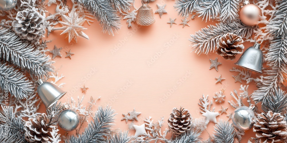 Festive Winter Decoration With Frosted Pine Branches, Metallic Ornaments, and Pine Cones Arranged on a Soft Peach Background During the Holiday Season Festive Winter Decoration With Frosted Pine Branches, Metallic Ornaments, and Pine Cones Arranged on a Soft Peach Background During the Holiday Season