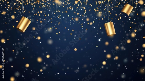 A navy blue background with shimmering gold confetti gently falling across the top, surrounded by scattered sparkling lights and soft bokeh effects, creating a magical, starry night atmosphere.