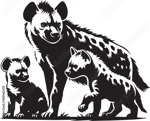 A mother hyena with two cubs playing around her vector silhouette design
