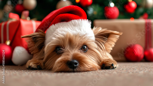 Fluffy Yorkshire terrier in a Santa hat, playfully lying under a decorated Christmas tree with wrapped gifts and shiny baubles, creating a joyful and festive holiday scene