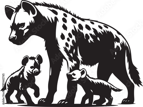 A mother hyena with two cubs playing around her vector silhouette design