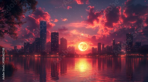 City Skyline at Sunset with a Large Moon