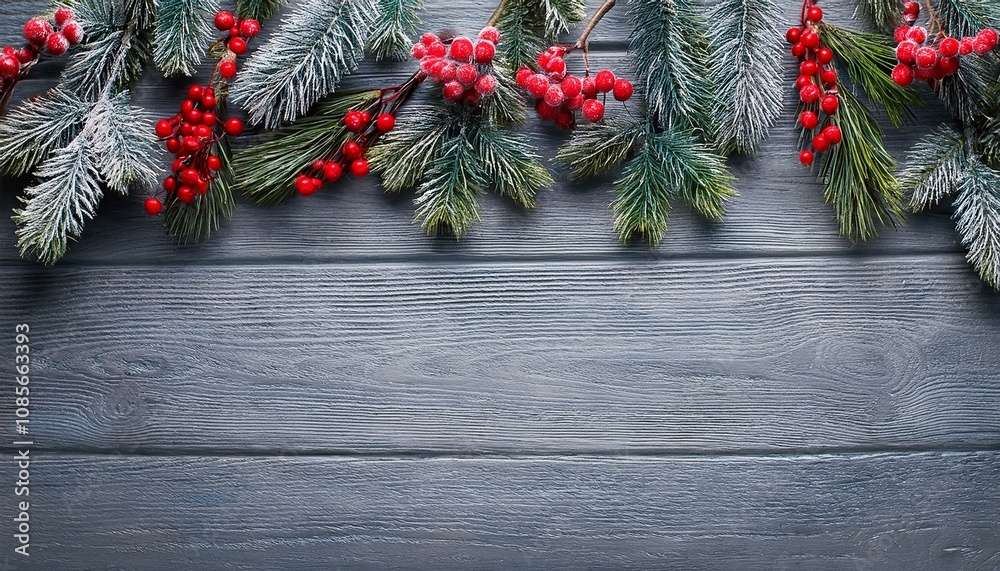 Christmas or winter background with a border of green and frosted evergreen branches and red berries on a grey vintage board. Flat lay Christmas or winter background with a border of green and frosted evergreen branches and red berries on a grey vintage board. Flat lay