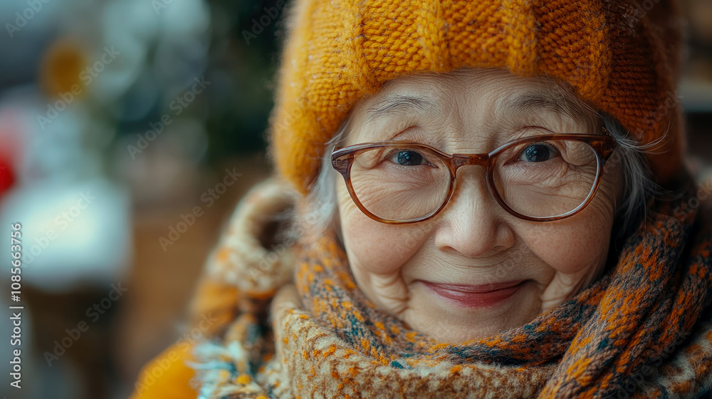 A cheerful elderly woman wearing glasses and a warm knit hat smiles brightly while enjoying a sunny winter day in a scenic outdoor setting A cheerful elderly woman wearing glasses and a warm knit hat smiles brightly while enjoying a sunny winter day in a scenic outdoor setting