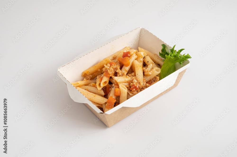 Four takeout meals served in biodegradable containers, featuring pasta.