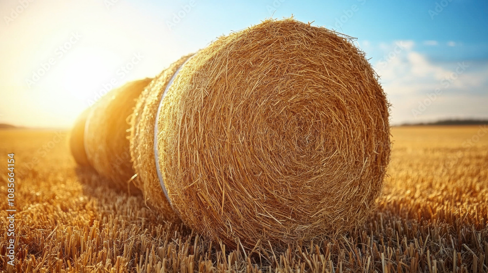 Hay bales stacked in golden field under bright blue sky, capturing essence of rural life and beauty of nature. warm sunlight enhances serene landscape Hay bales stacked in golden field under bright blue sky, capturing essence of rural life and beauty of nature. warm sunlight enhances serene landscape