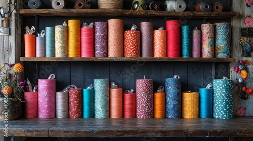 Colorful spools of thread arranged on a wooden shelf in a craft store photo