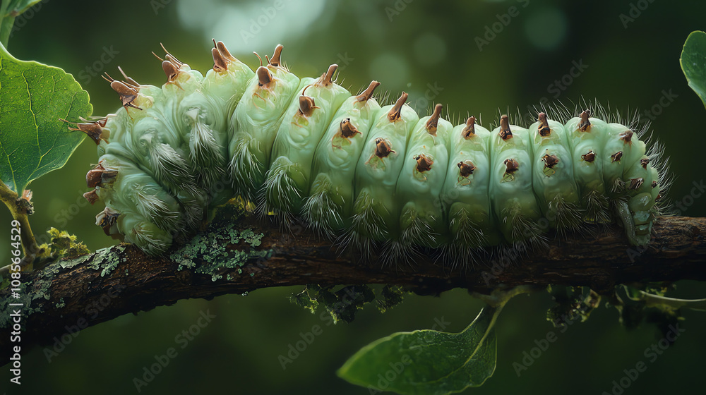 Naklejka premium A green caterpillar crawls slowly along a branch, showcasing its segmented body and spiky protrusions in a lush forest setting