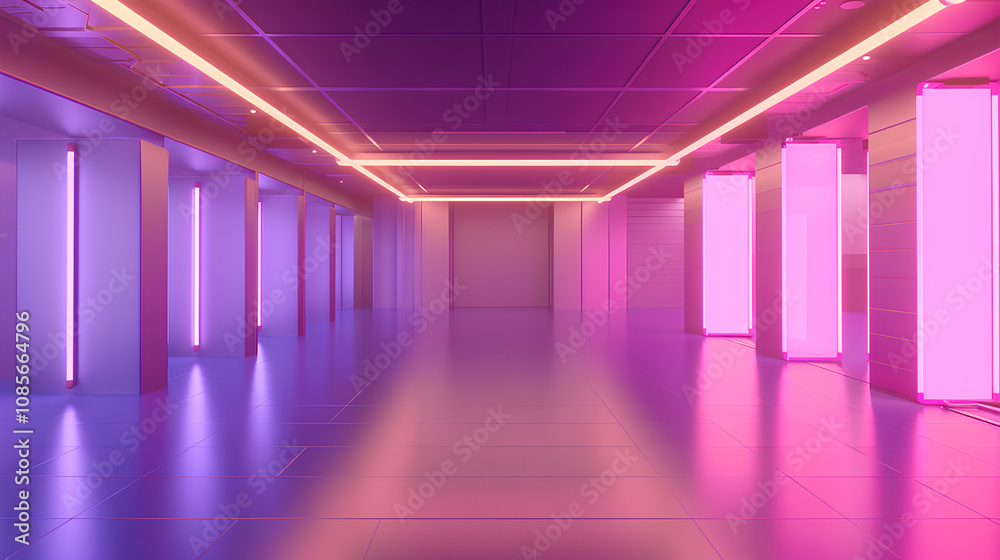 empty room with neon light tubes, featuring a purple and pink color theme. empty room with neon light tubes, featuring a purple and pink color theme.