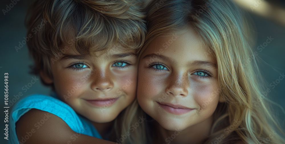 A boy and girl with blue eyes share a joyful embrace, smiling at the camera in warm, soft lighting while enjoying their summer day together A boy and girl with blue eyes share a joyful embrace, smiling at the camera in warm, soft lighting while enjoying their summer day together