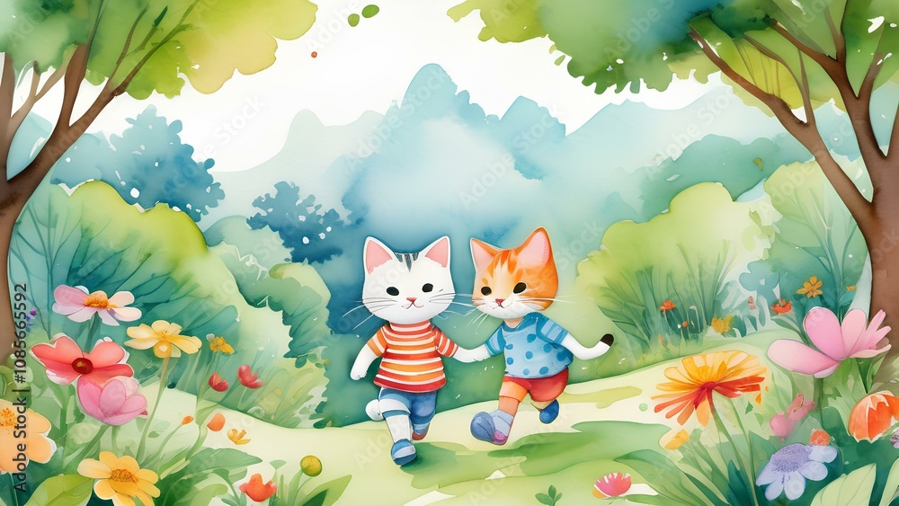 Fototapeta premium Two children running happily in a vibrant park, surrounded by blooming flowers and trees, captured in watercolor hues.