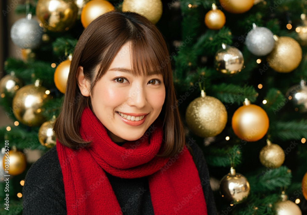 笑顔の女性とクリスマスツリー 笑顔の女性とクリスマスツリー