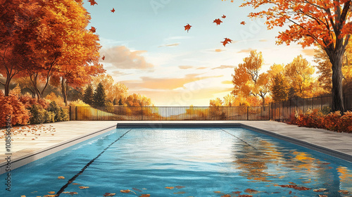 Illustration of an outdoor swimming pool with a fall landscape view 