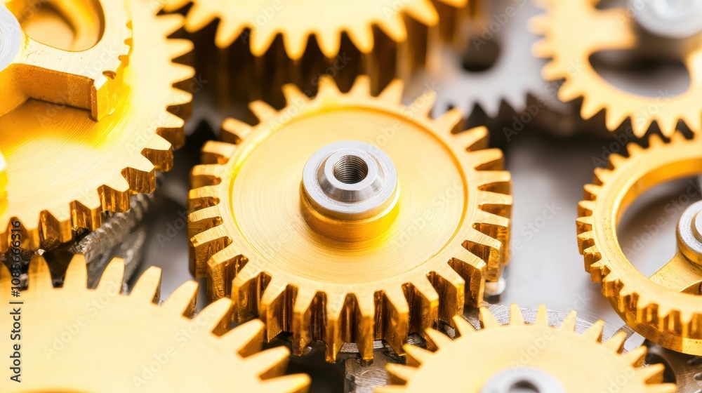 A complex assembly of golden gears and cogs, illuminated to highlight precision engineering and artistic craftsmanship A complex assembly of golden gears and cogs, illuminated to highlight precision engineering and artistic craftsmanship