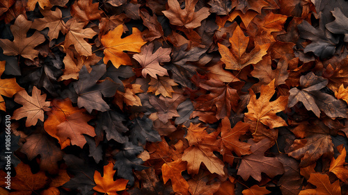 Brown and orange fallen autumn maple leaves lie on ground background