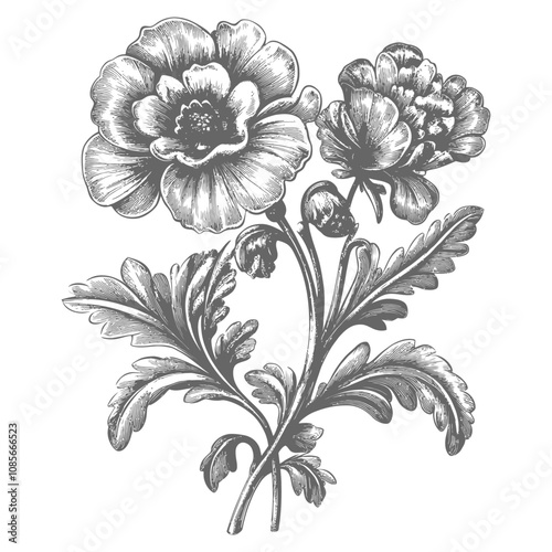 Vintage Black and White Illustration of a Flower with Stem and Leaves