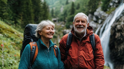 Cheerful senior couple enjoying nature in the mountains with a waterfall view, reflecting joy and adventure. Uplifting outdoor experience.