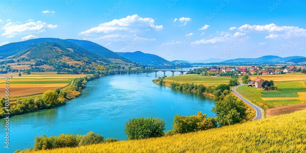 A river and its tributaries winding through farmland, eventually leading toward a historic town, bridges visible in the distance, pastoral and timeless A river and its tributaries winding through farmland, eventually leading toward a historic town, bridges visible in the distance, pastoral and timeless