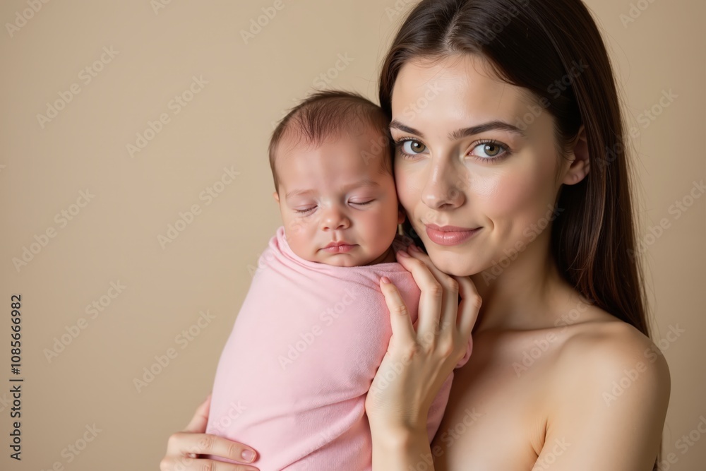 Mother holding newborn in pink swaddle against beige background. Mother holding newborn in pink swaddle against beige background.