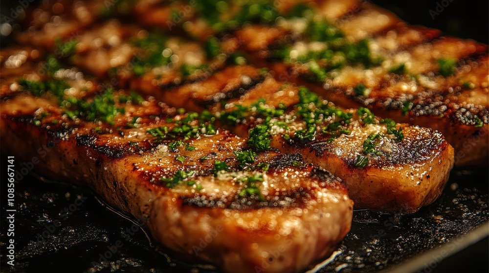 Tasty and juicy steak grilled to perfection, garnished with fresh herbs. This mouthwatering dish is ideal for meat lovers seeking flavorful meal Tasty and juicy steak grilled to perfection, garnished with fresh herbs. This mouthwatering dish is ideal for meat lovers seeking flavorful meal