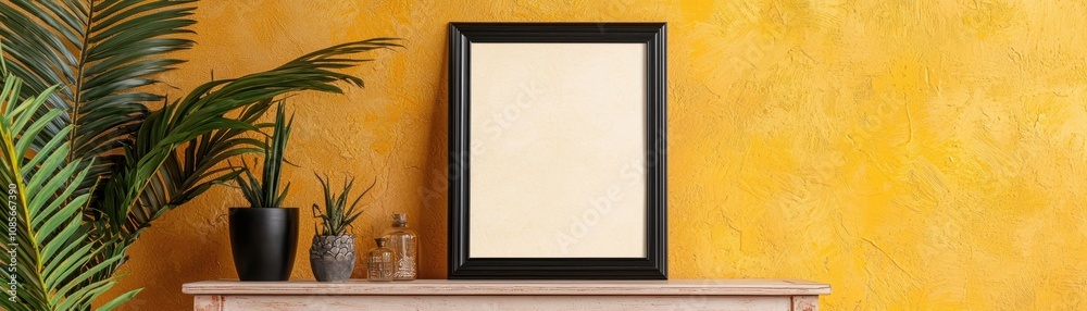 Fototapeta premium A textured poster frame displayed on a pastelpainted vintage chest of drawers, surrounded by nostalgic trinkets in a quaint setting