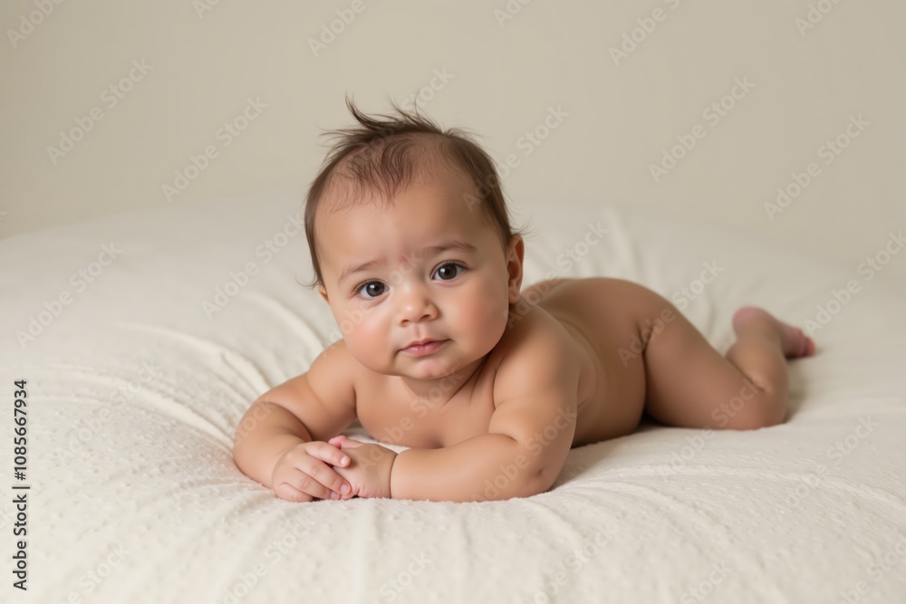 Adorable baby lying on soft blanket with curious expression in minimalistic setting. Adorable baby lying on soft blanket with curious expression in minimalistic setting.