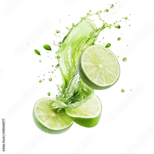 Fresh limes with splashes of juice isolate on transparent background