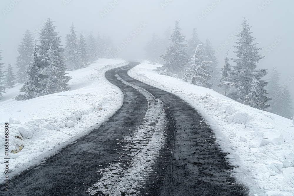 Winding Road Through a Snowy Foggy Forest Winding Road Through a Snowy Foggy Forest