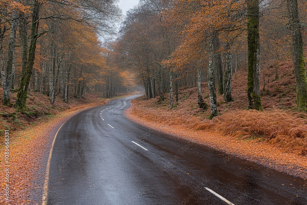 Fototapeta premium Winding Road Through Autumnal Forest After Rain