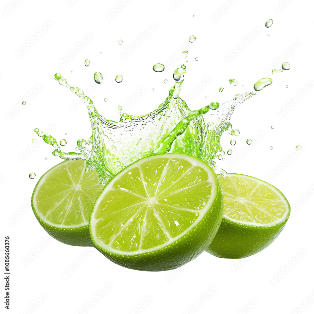 Fresh lime slices with splash effect isolate on transparent background Fresh lime slices with splash effect isolate on transparent background