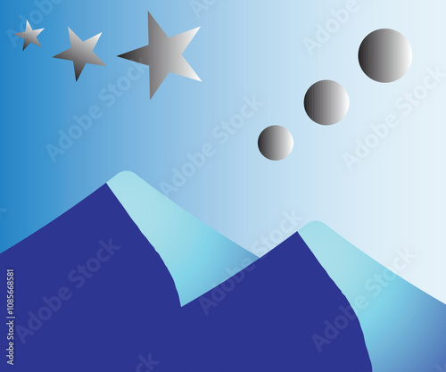 A serene abstract artwork featuring gradient blue mountains with glowing cyan peaks under a starry sky. Metallic stars and gradient planets float in harmony, symbolizing the connection between nature 