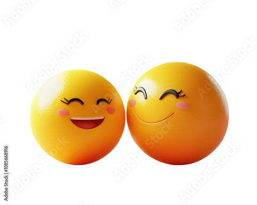 Two smiling yellow faces are hugging each other. on Isolated transparent background