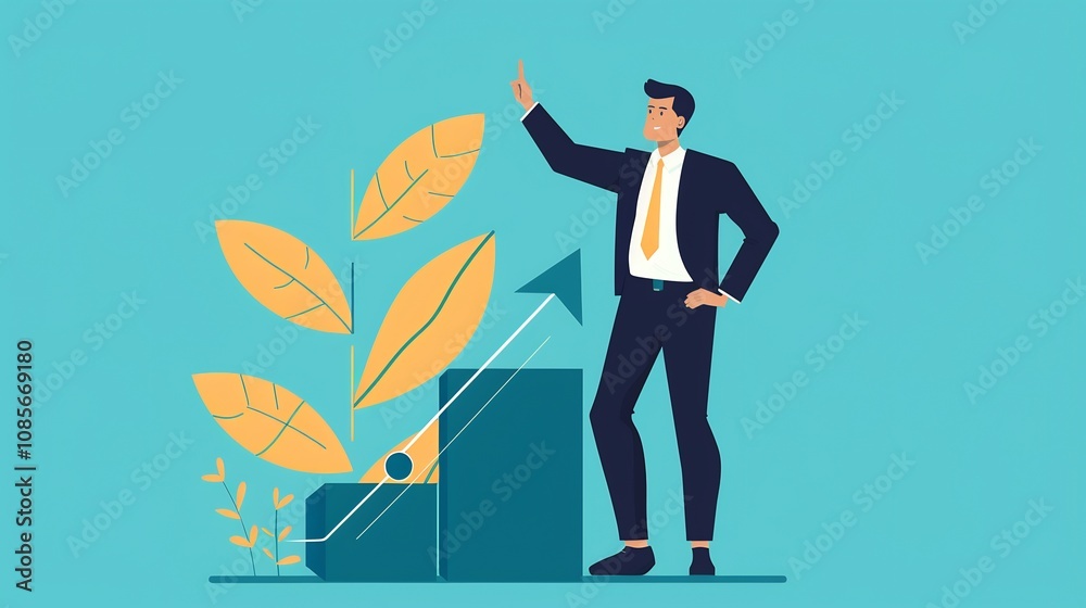Obraz premium Businessman standing next to a business growth symbol reflecting a business leaders impact on scaling and innovation Includes themes of sales executive and operations manager