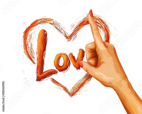 Hand pointing to the word LOVE in a heart shape. on Isolated transparent background