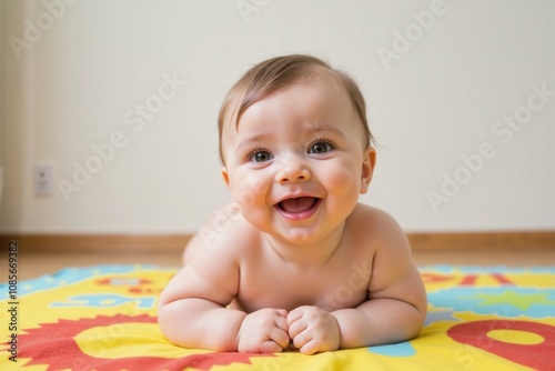 Adorable smiling baby on colorful playmat with bright eyes and cheerful expression.